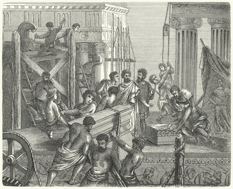 Bygging av et tempel på Akropolis, Athen (gravering) av German School