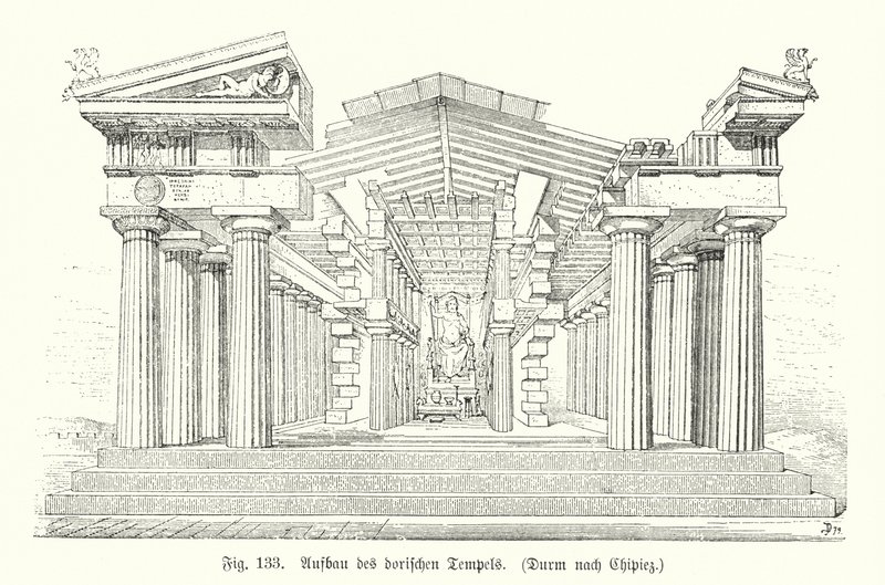 Bygging av et gammelt gresk dorisk tempel (gravering) av German School