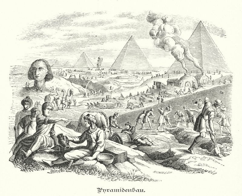 Bygging av pyramidene, det gamle Egypt (gravering) av German School