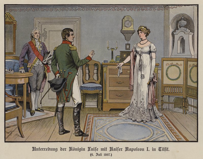 Samtale mellom dronning Louise av Preussen og keiser Napoleon I i Tilsit, 6. juli 1807 (farge litho) av German School