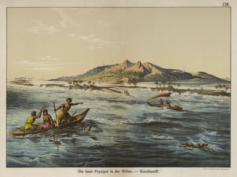 Korallrev utenfor Puynipet-øya (Pohnpei), Caroline Islands (farge litho) av German School