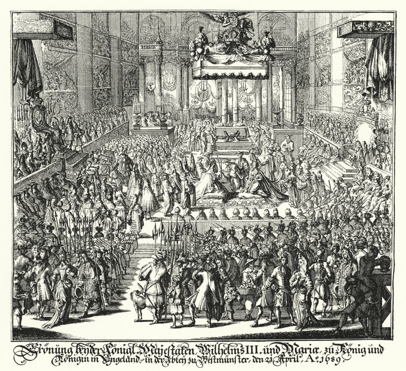 Kroning av kong William III og dronning Mary i Westminster Abbey av German School