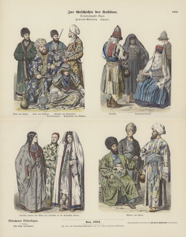 Kostymer fra Sentral-Asia, sent på 1800-tallet (farget gravering) av German School