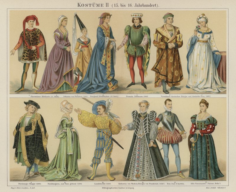 Kostymer fra det 15. og 16. århundre (farge litho) av German School