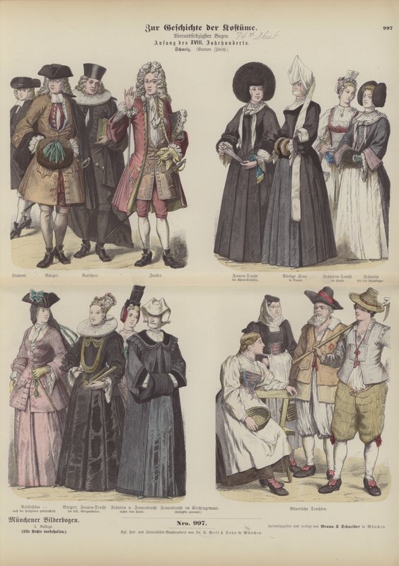 Kostymer fra den sveitsiske kantonen Zürich, tidlig på 1700-tallet (farget gravering) av German School