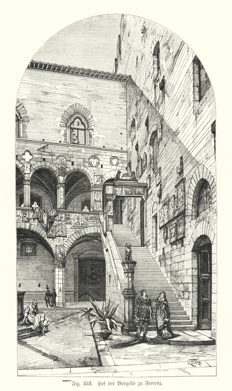 Gårdsplassen til Bargello, Firenze, Italia (gravering) av German School