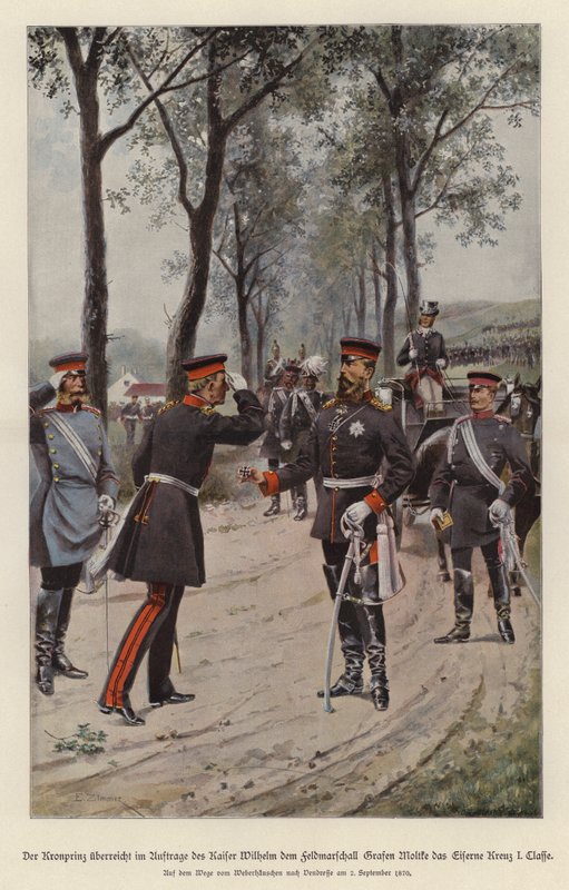 Kronprins Frederick av Tyskland tildeler feltmarskalk Helmuth von Moltke jernkorset på vegne av sin far, Kaiser Wilhelm I (farge litho) av German School