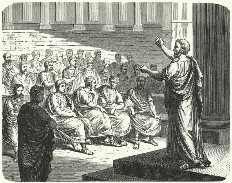 Demosthenes taler mot Filip II av Makedonien av German School