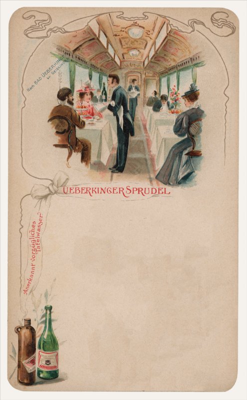 Spisevogn på et tog, reklame for Ueberkinger Sprudel bordvann (chromolitho) av German School