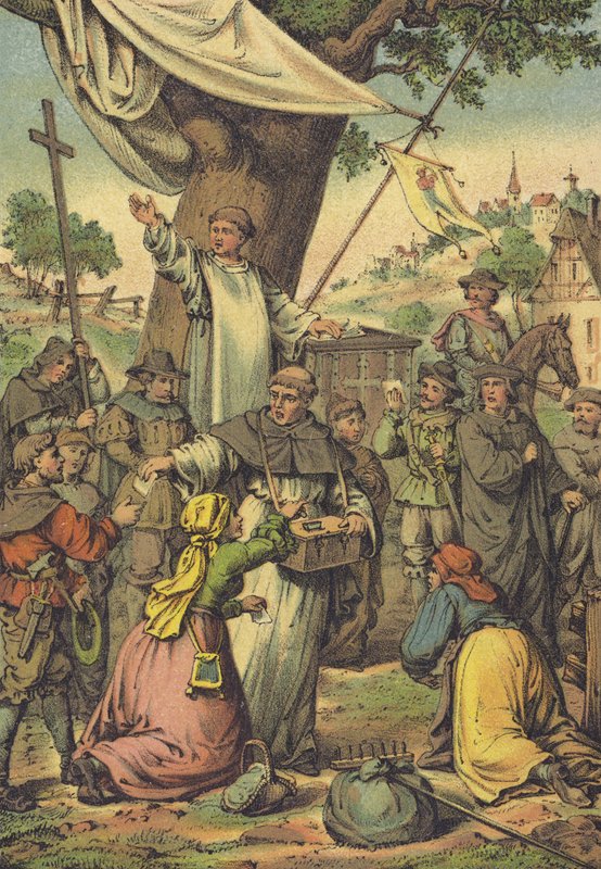Dominikanerbroder Johann Tetzel deler ut avlat for penger av German School