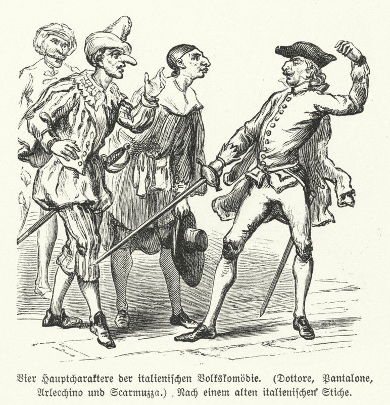 Doktor, Pantalone, Arlecchino og Scaramuccia, fire karakterer fra Commedia dell