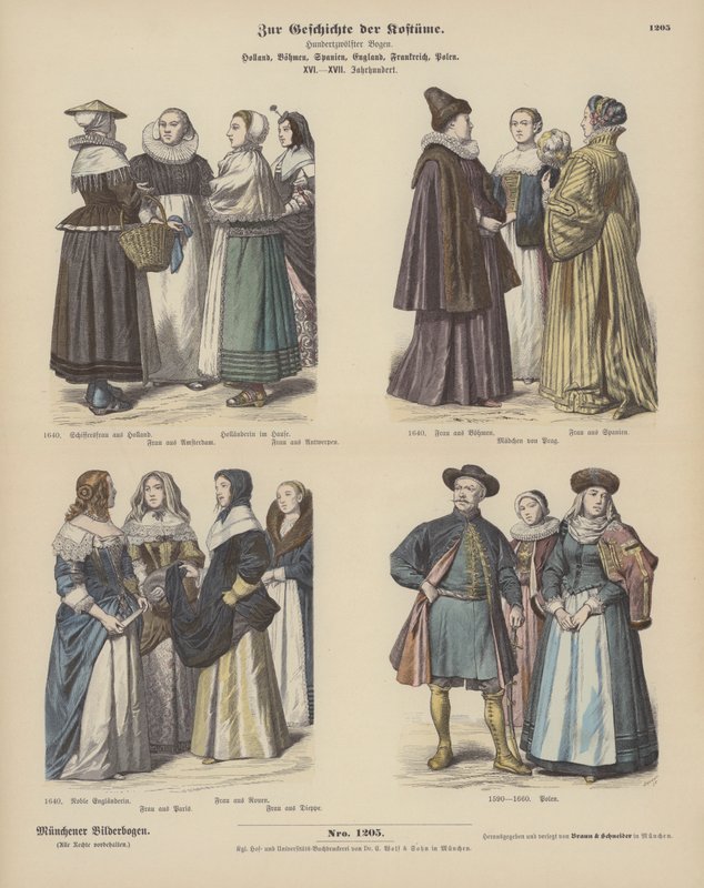 nederlandske, bohemske, spanske, engelske, franske og polske kostymer av German School