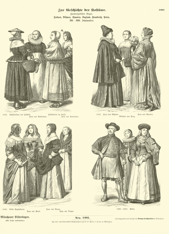 nederlandsk, bohemsk, spansk, engelsk, fransk og polsk, kostymer, 16. - 17. århundre av German School