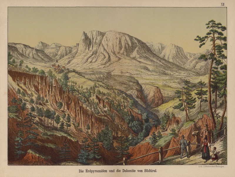 Jordpyramidene og Dolomittfjellene, Sør-Tirol (farge litho) av German School