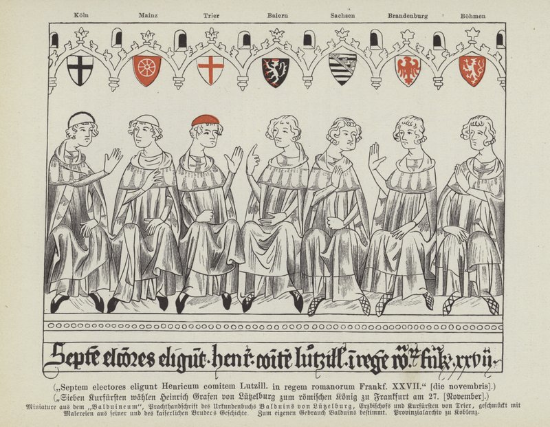 Valg av Henrik VII av Luxembourg som hellig romersk keiser, Frankfurt, 27. november 1308 (farge litho) av German School
