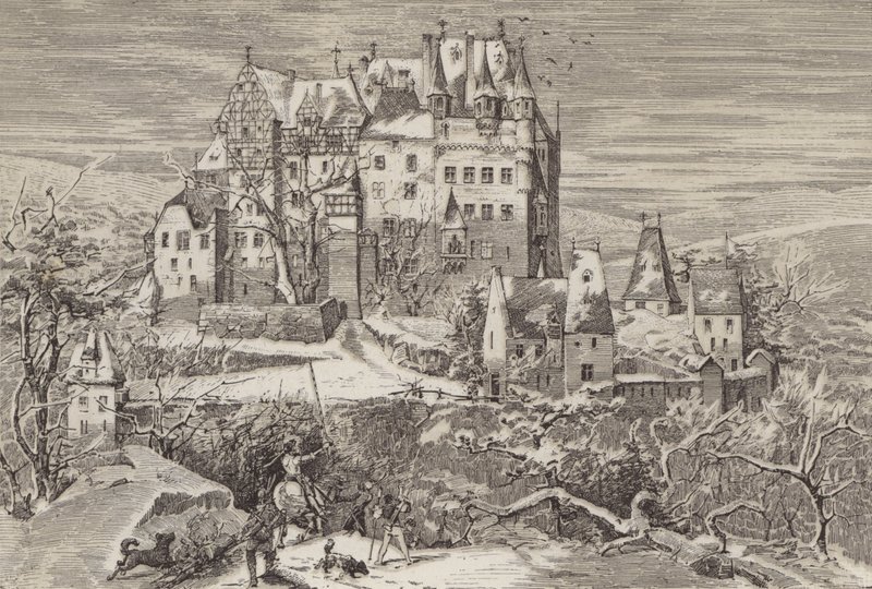 Eltz slott, i åsene over Mosel-elven, Tyskland, slik det så ut på slutten av 1500-tallet (litho) av German School