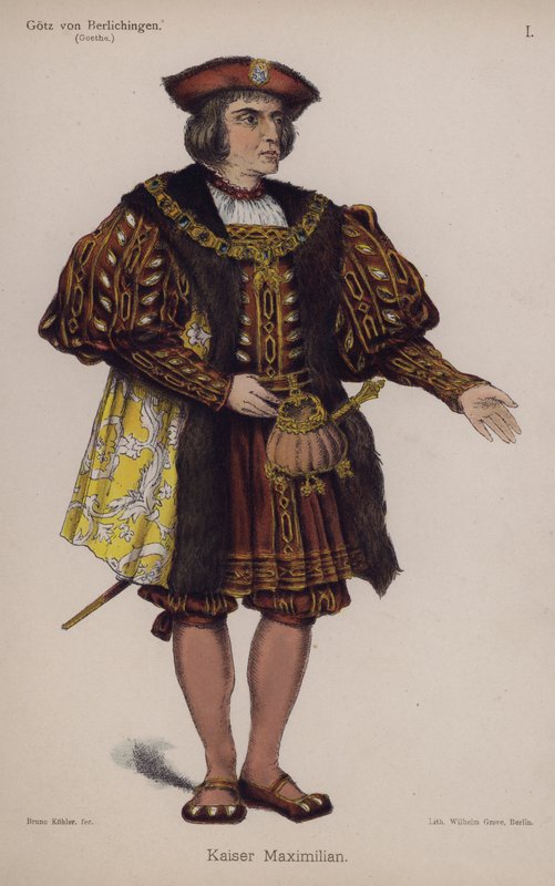 Keiser Maximilian, fra Gotz von Berlichingen av Goethe (farge litho) av German School