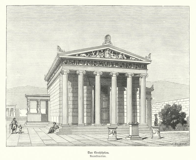 Erecteion, tempel dedikert til Athena og Poseidon på Akropolis, Athen, antikkens Hellas (gravering) av German School