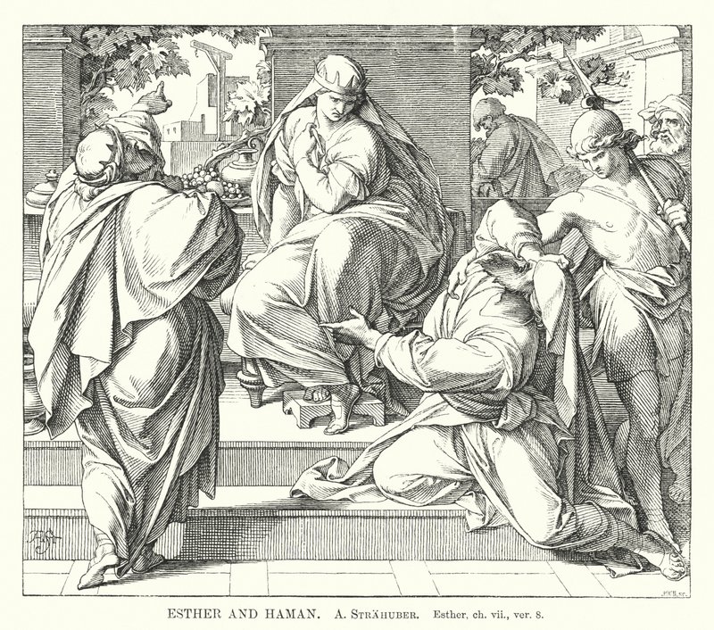 Esther og Haman, Esther, kap vii, ver 8 (gravering) av German School