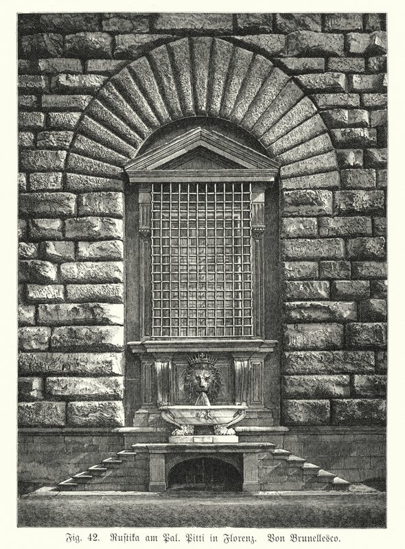 Eksempel på rustifisering, av Filippo Brunelleschi, Palazzo Pitti, Firenze, Italia (gravering) av German School