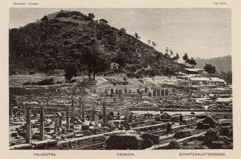 Utgraving av stedet for det gamle Olympia, Hellas: Palaestra, Hera-tempelet og skattkammerene (gravering) av German School