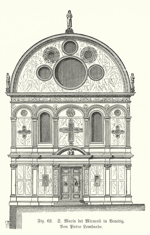 Fasade av kirken Santa Maria dei Miracoli, designet av Pietro Lombardo, Venezia, Italia (gravering) av German School