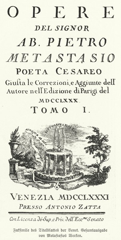 Faksimile av tittelsiden til en venetiansk utgave av de samlede verkene til den italienske poeten og librettisten Pietro Metastasio (litho) av German School