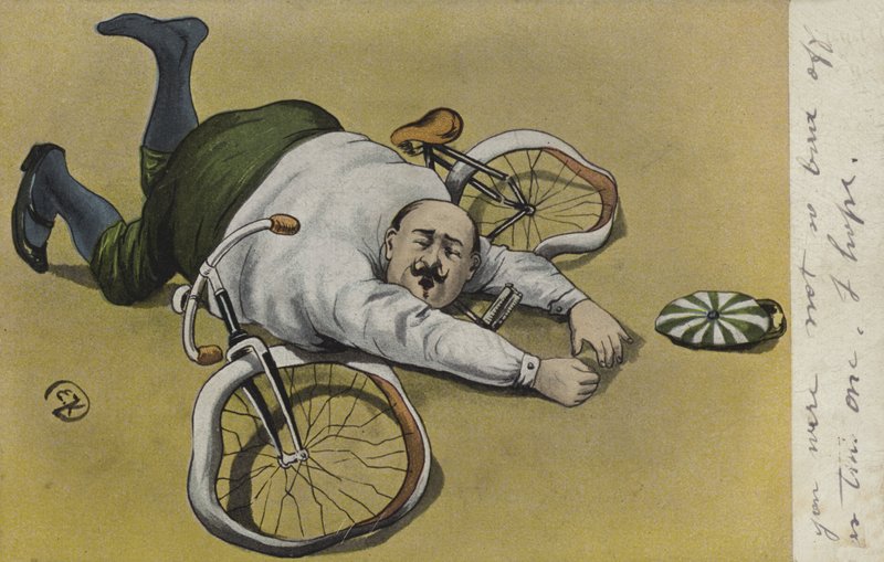 Feit mann, falt av sykkelen (farge litho) av German School
