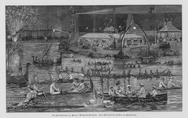 Festligheter på Alster i Hamburg til minne om åpningen av Kiel-kanalen (Kaiser Wilhelm-kanalen), Tyskland av German School