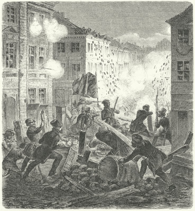 Slåss ved en barrikade foran rådhuset i Colln, Berlin, revolusjonen i 1848 (gravering) av German School