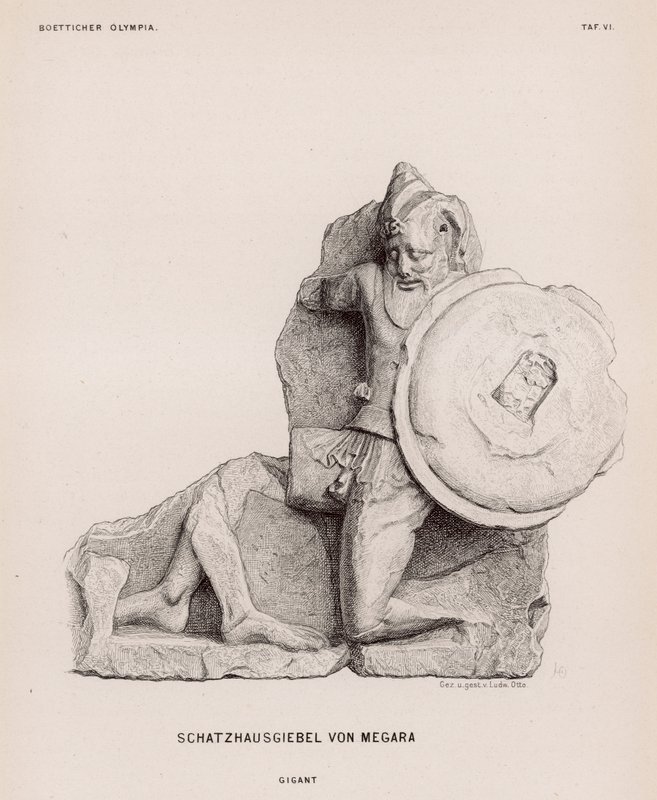 Figur av en gigant fra pedimentet til statskassen i Megara, Olympia, Hellas (gravering) av German School