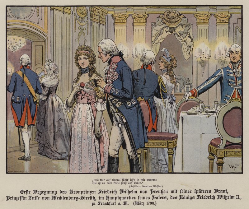 Første møte med kronprins Frederick William av Preussen og hans fremtidige brud, prinsesse Louise av Mecklenburg-Strelitz ved hovedkvarteret til hans far, kong Frederick William II, i Frankfurt av German School
