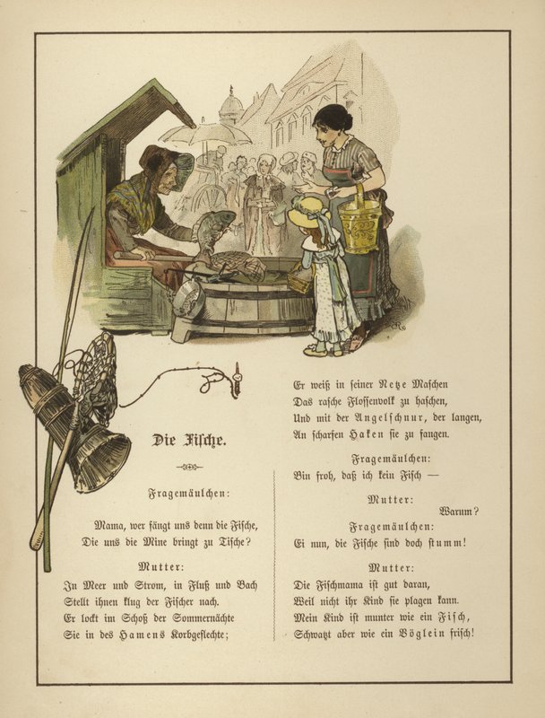 Fiskehandler (farge litho) av German School