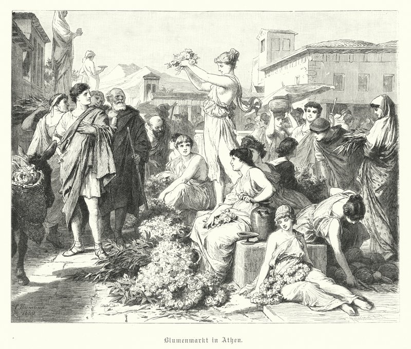 Blomstermarked i Athen, antikkens Hellas (gravering) av German School