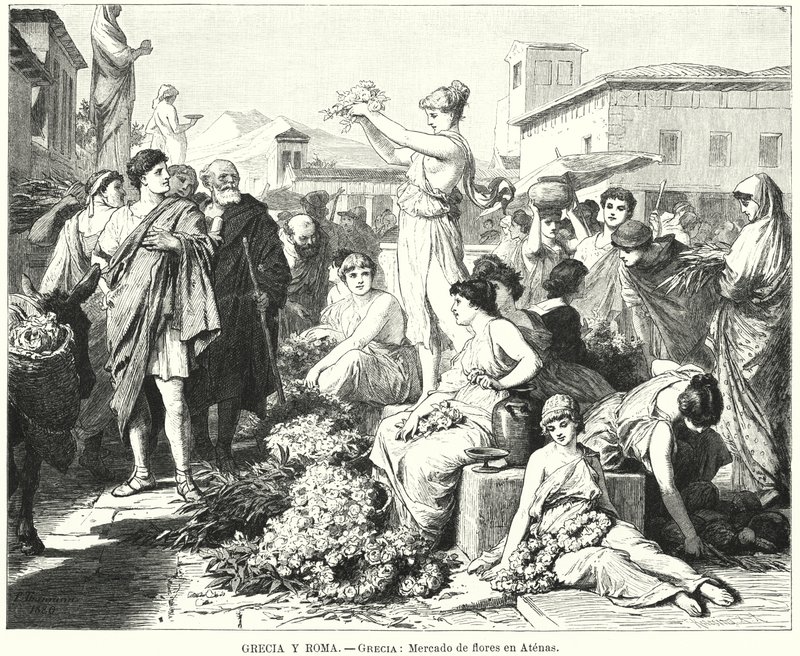 Blomstermarked i Athen, antikkens Hellas (litho) av German School