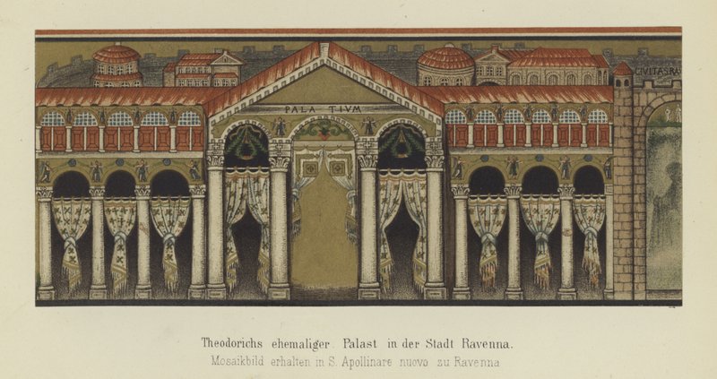 Tidligere palass til Theoderik den store, østgoternes konge, i Ravenna, Italia (farge litho) av German School