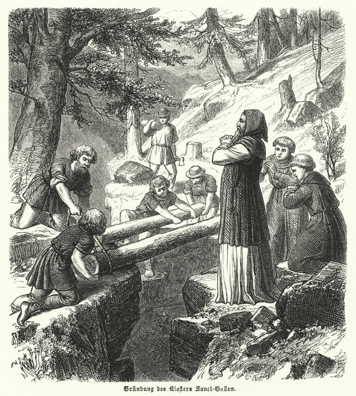 Stiftelsen av Abbey of St Gall, Sveits, 8. århundre (gravering) av German School