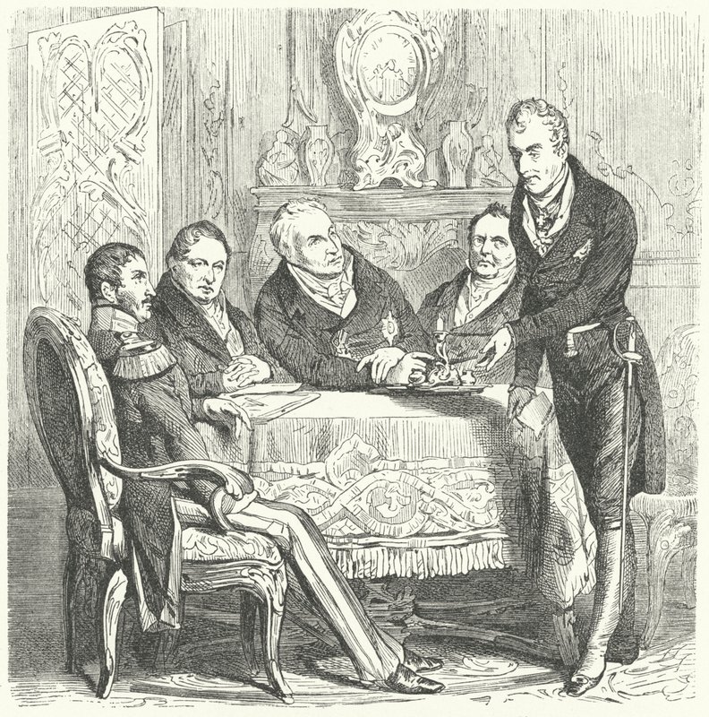 Frederick William III av Preussen i diskusjoner med sin statsminister, Karl August von Hardenberg og Klemens von Metternich, den østerrikske utenriksministeren (gravering) av German School