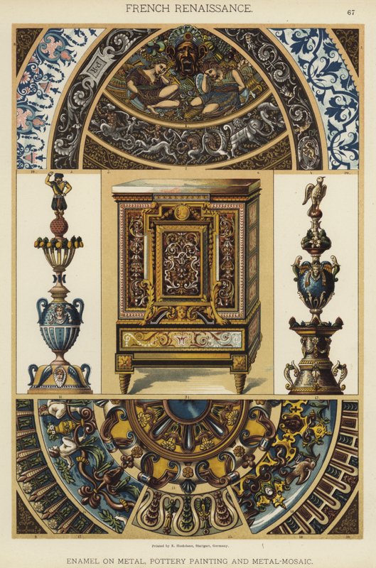 Fransk renessanse, emalje på metall, keramikkmaling og metall-mosaikk (farge litho) av German School