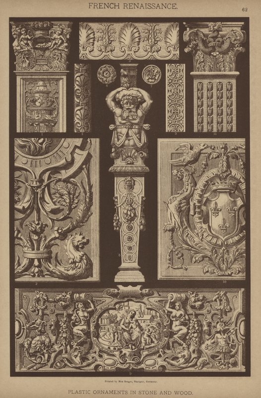 Fransk renessanse, plastdekor i stein og tre (farge litho) av German School