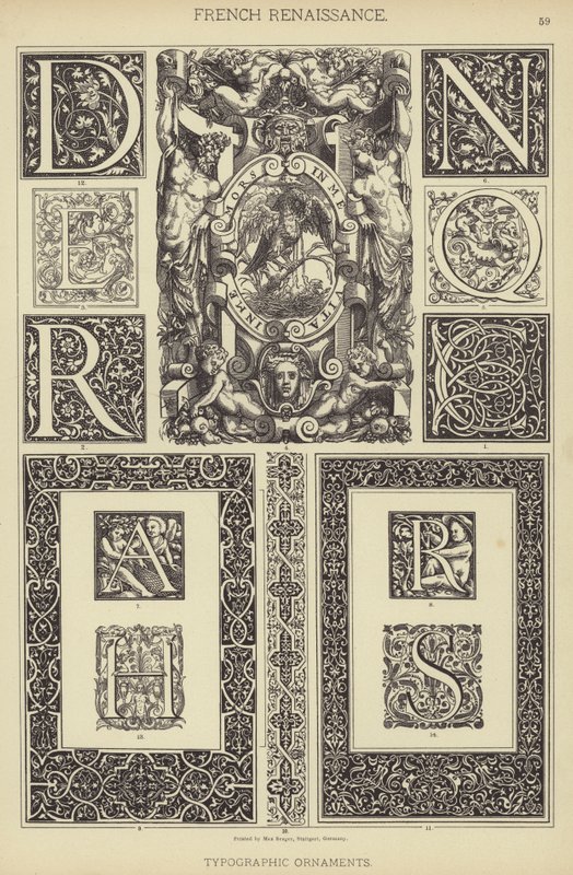 Fransk renessanse, typografiske ornamenter (farge litho) av German School