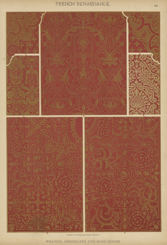 Fransk renessanse, veving, broderi og bokomslag (farge litho) av German School