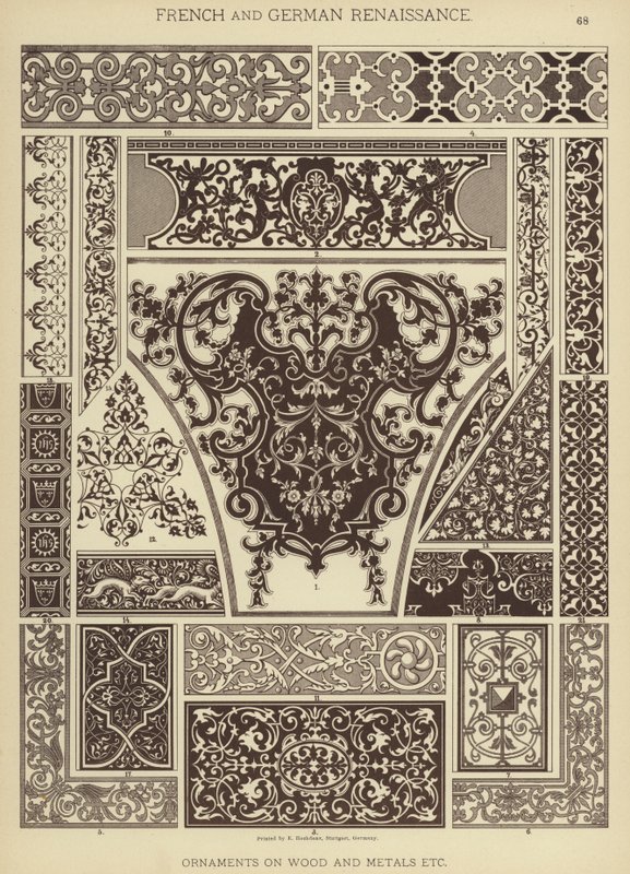 Fransk og tysk renessanse, ornamenter på tre og metaller etc (farge litho) av German School