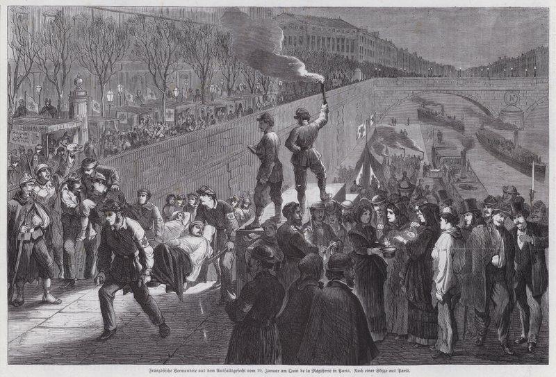 Franske soldater såret i det siste mislykkede forsøket på å bryte ut fra beleiringen av Paris ved ankomst til Quai de la Megisserie, Franco Prussian War, januar 1871 (gravering) av German School