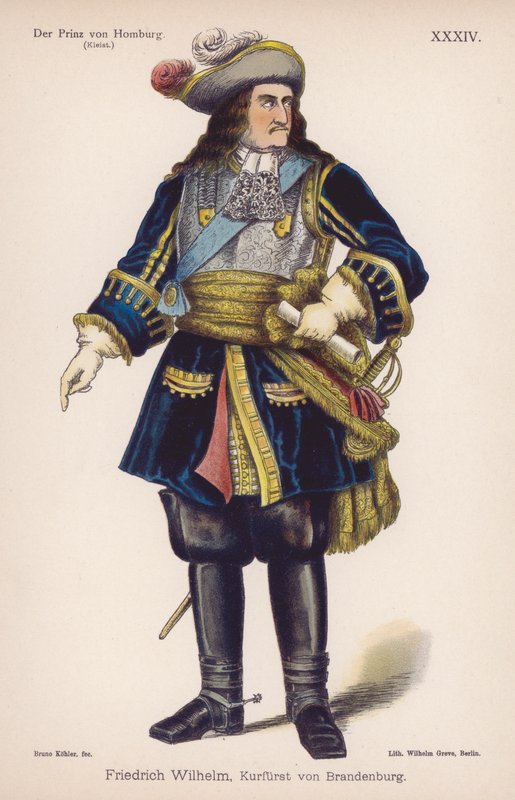 Friedrich Wilhelm, hertug av Brandenburg, fra Der Prinz von Homburg (Prinsen av Homburg) av Heinrich von Kleist (farge litho) av German School
