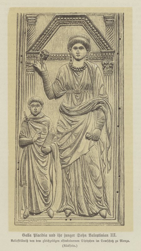 Galla Placidia, datter av den romerske keiseren Theodisius I, og hennes sønn, Valentinian III (gravering) av German School