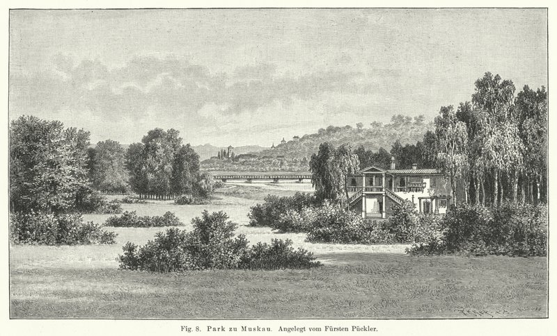 Hagedesign: Muskau Park, Tyskland, anlagt av prins Hermann von Pueckler-Muskau (gravering) av German School