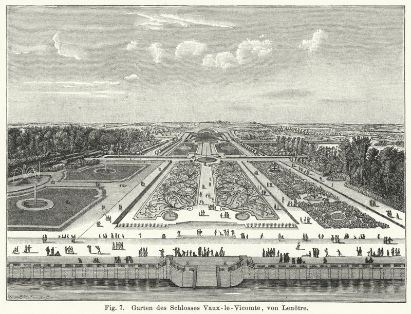 Hagedesign: hagene til Chateau de Vaux-le-Vicomte, Maincy, Frankrike, anlagt av Andre le Notre på 1600-tallet (gravering) av German School