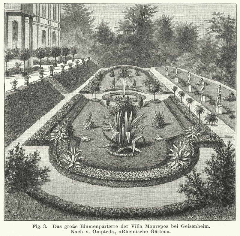 Hagedesign: stor parterre ved Monrepos, eiendom til bankmann og amatørastronom Heinrich Eduard von Lade, Geisenheim, Tyskland (gravering) av German School