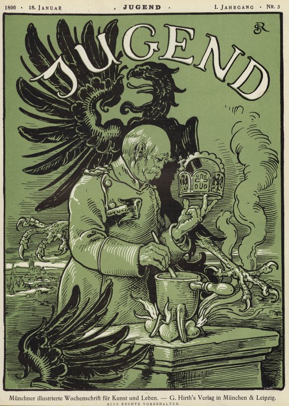 Den tyske forbundskansleren Otto von Bismarck holder kronen av Det hellige romerske rike (farge litho) av German School